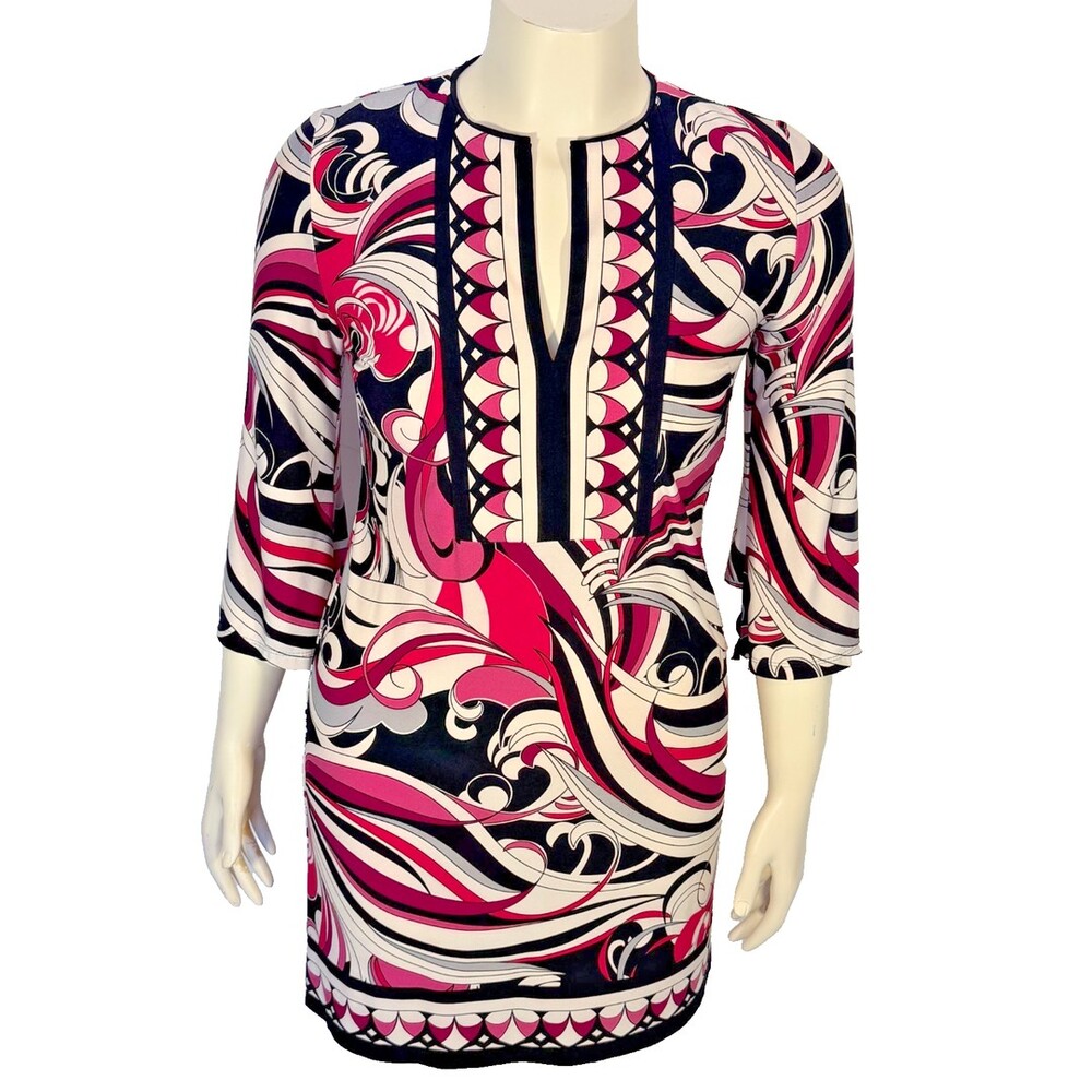 Boston Proper Dress Women's S Purple Pink 60's Abstract Print V-Neck Flared Slve